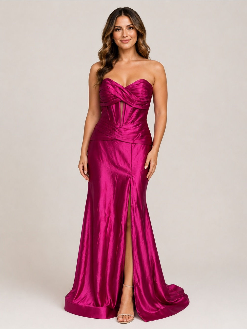 NWOT Unbranded Fuchsia Satin Strapless Corset Evening Gown | Prom Dress #1029